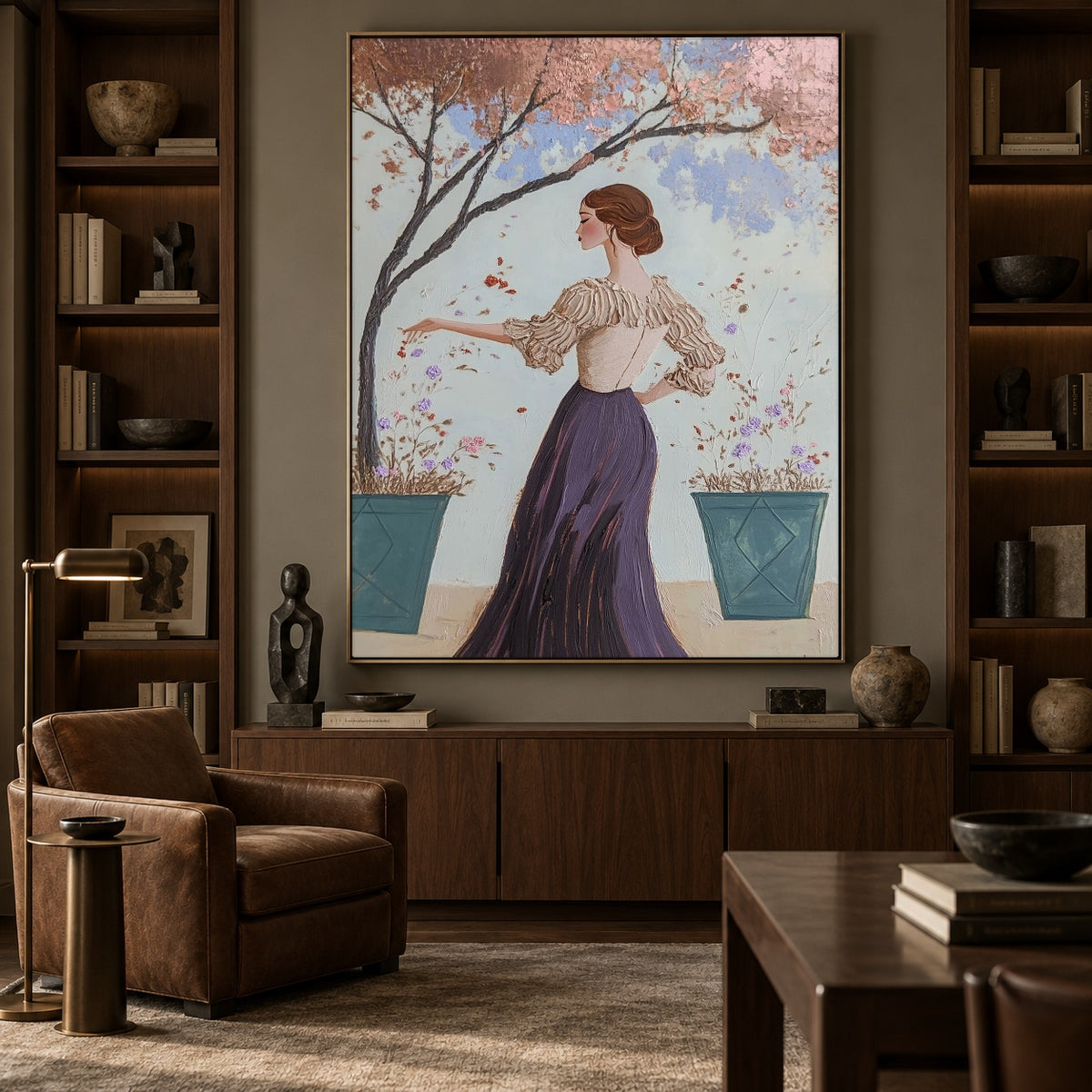 Petals on Her Sleeve - front-view living-room hero - expressive contemporary art painting