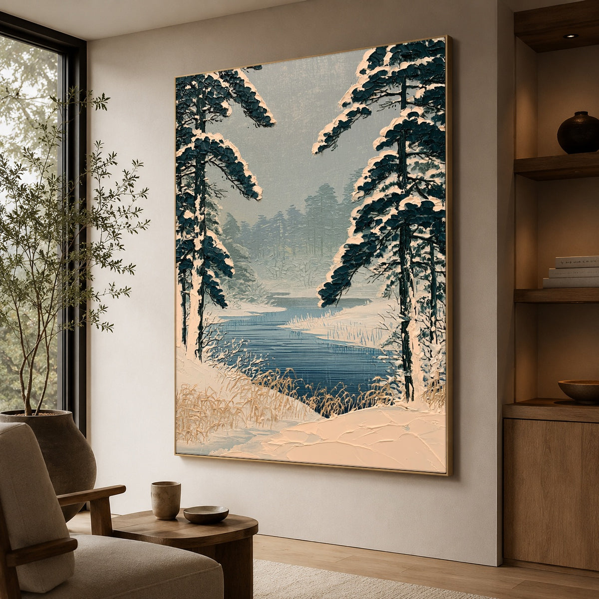 Pines Along Winter Water - oblique view - expressive contemporary art painting