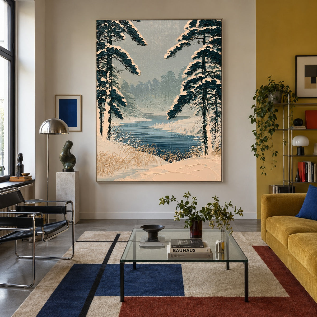 Pines Along Winter Water - interior setting 3 - expressive contemporary art painting