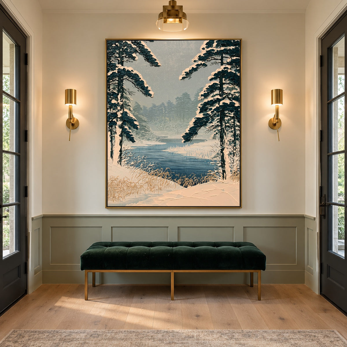 Pines Along Winter Water - interior setting 5 - expressive contemporary art painting