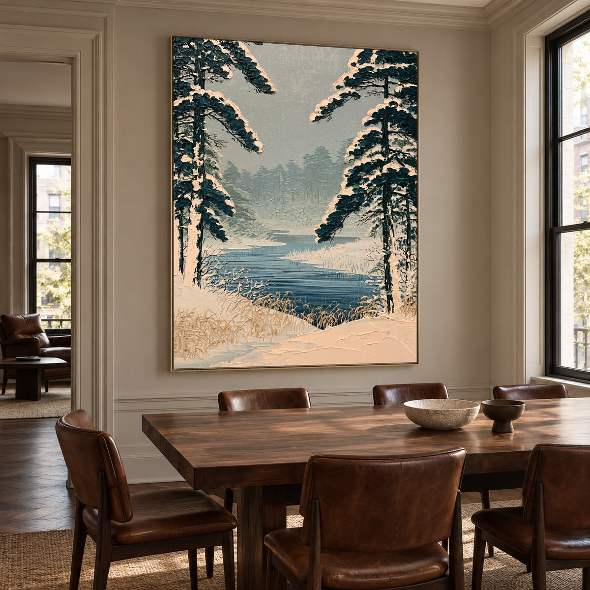 Pines Along Winter Water - interior setting 6 - expressive contemporary art painting
