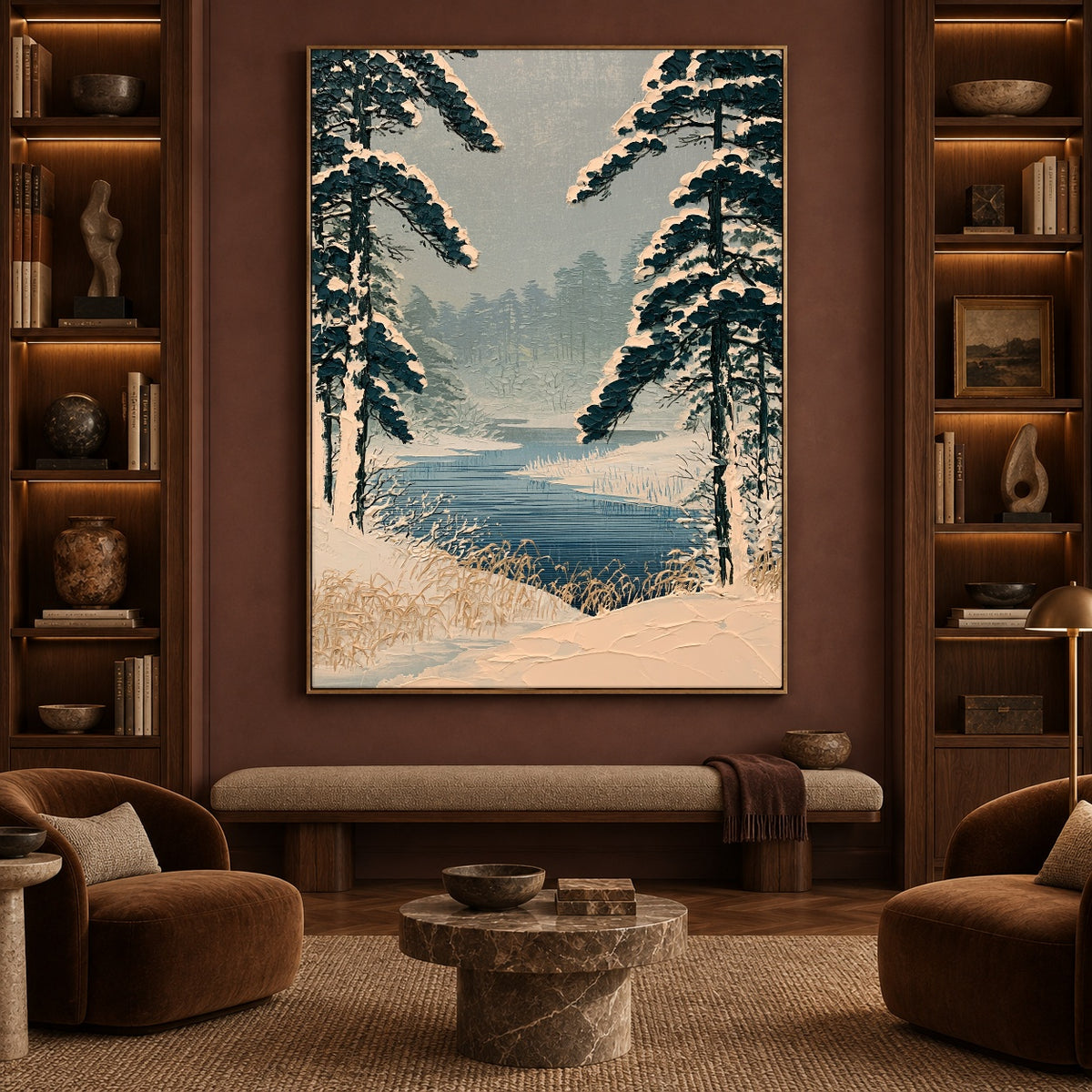 Pines Along Winter Water - interior setting 7 - expressive contemporary art painting