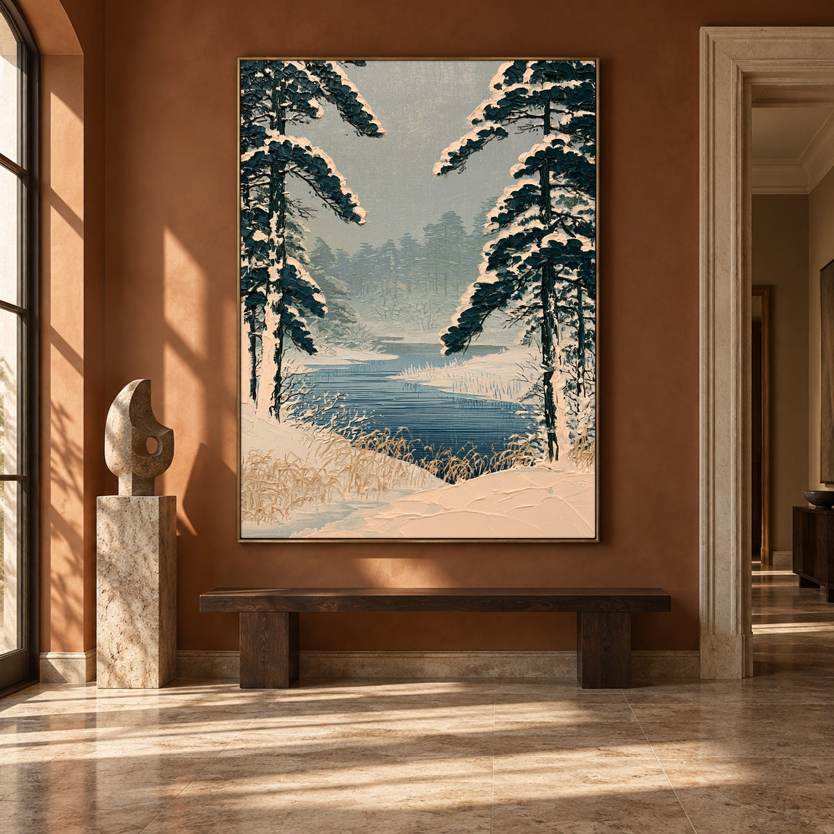 Pines Along Winter Water - interior setting 8 - expressive contemporary art painting