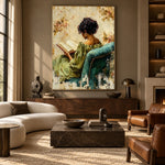 Reading Among Soft Blossoms - front-view living-room hero - expressive contemporary art painting