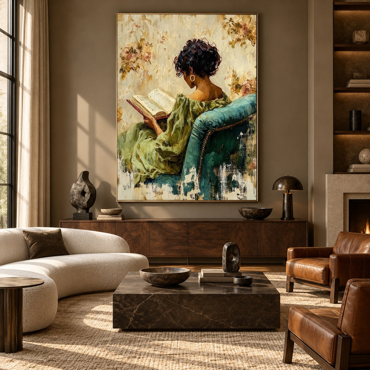 Reading Among Soft Blossoms - front-view living-room hero - expressive contemporary art painting