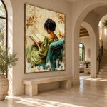 Reading Among Soft Blossoms - oblique view - expressive contemporary art painting