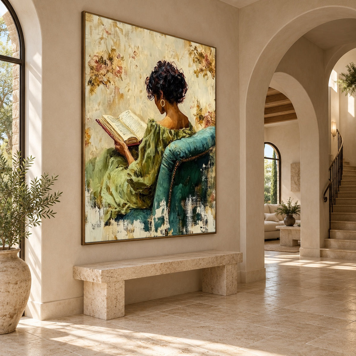 Reading Among Soft Blossoms - oblique view - expressive contemporary art painting