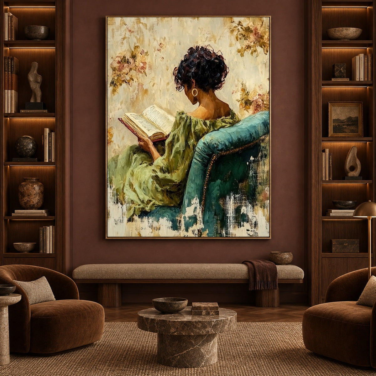 Reading Among Soft Blossoms - interior setting 4 - expressive contemporary art painting