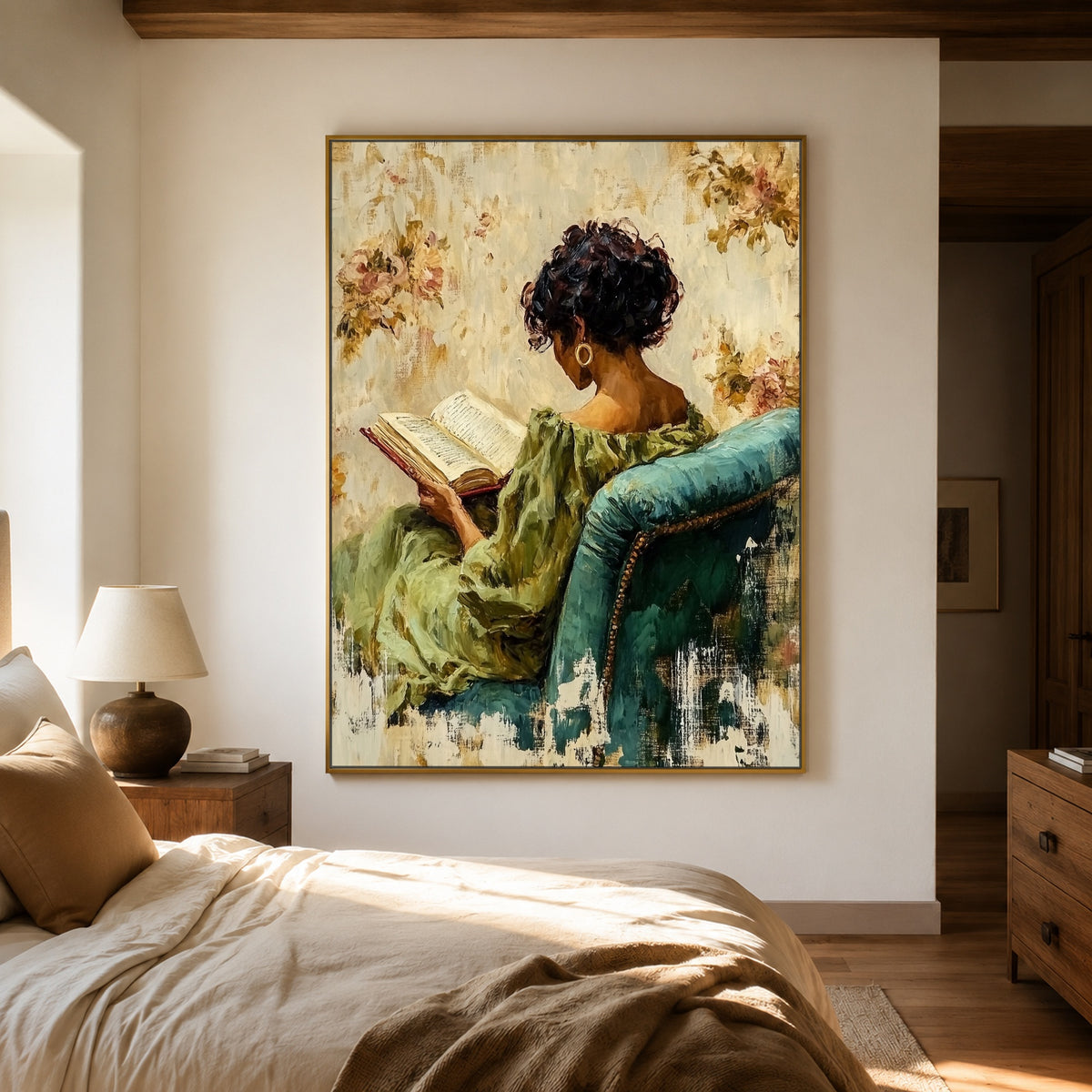 Reading Among Soft Blossoms - interior setting 5 - expressive contemporary art painting