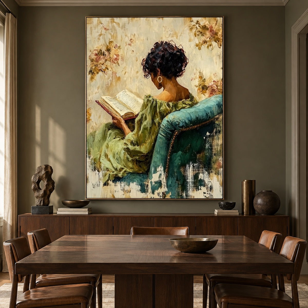 Reading Among Soft Blossoms - interior setting 7 - expressive contemporary art painting