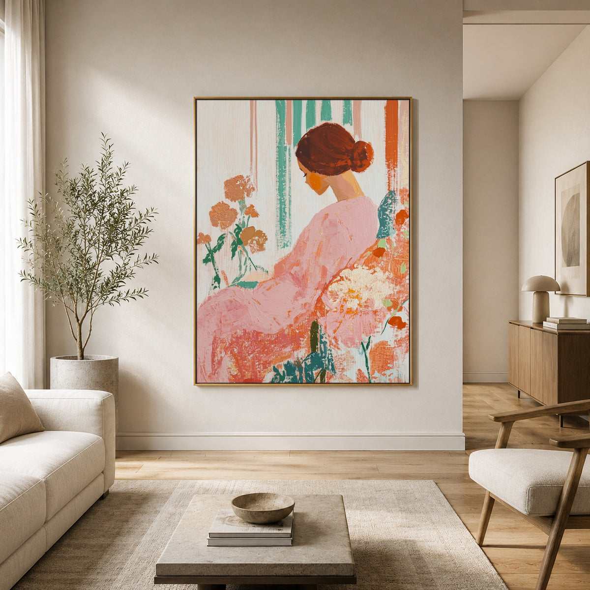 Rose Dress in Bloom - interior setting 3 - expressive contemporary art painting