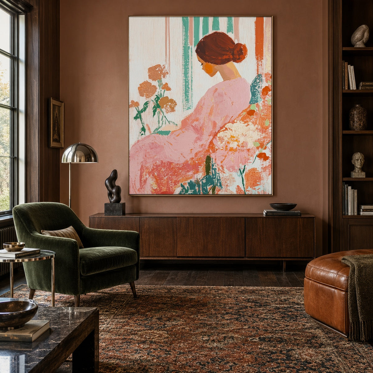 Rose Dress in Bloom - interior setting 5 - expressive contemporary art painting