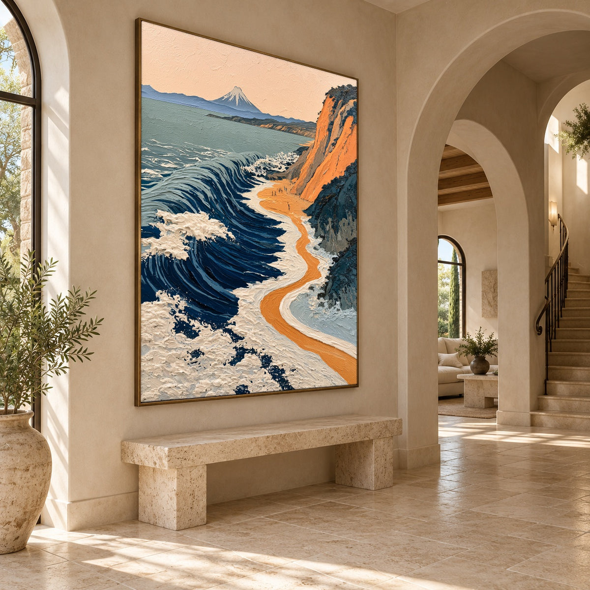 Saffron Cliffs Blue Tide - oblique view - expressive contemporary art painting