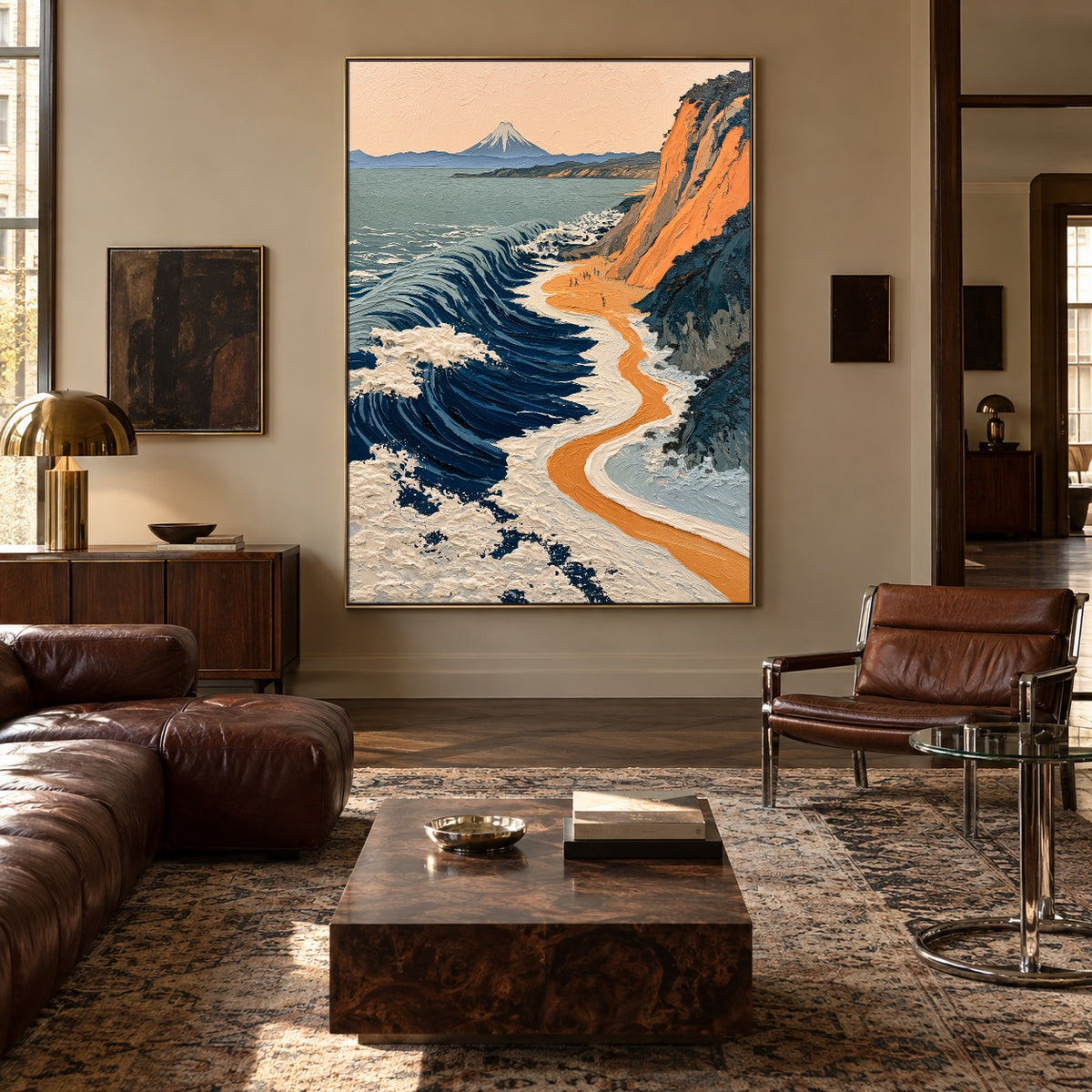 Saffron Cliffs Blue Tide - interior setting 4 - expressive contemporary art painting