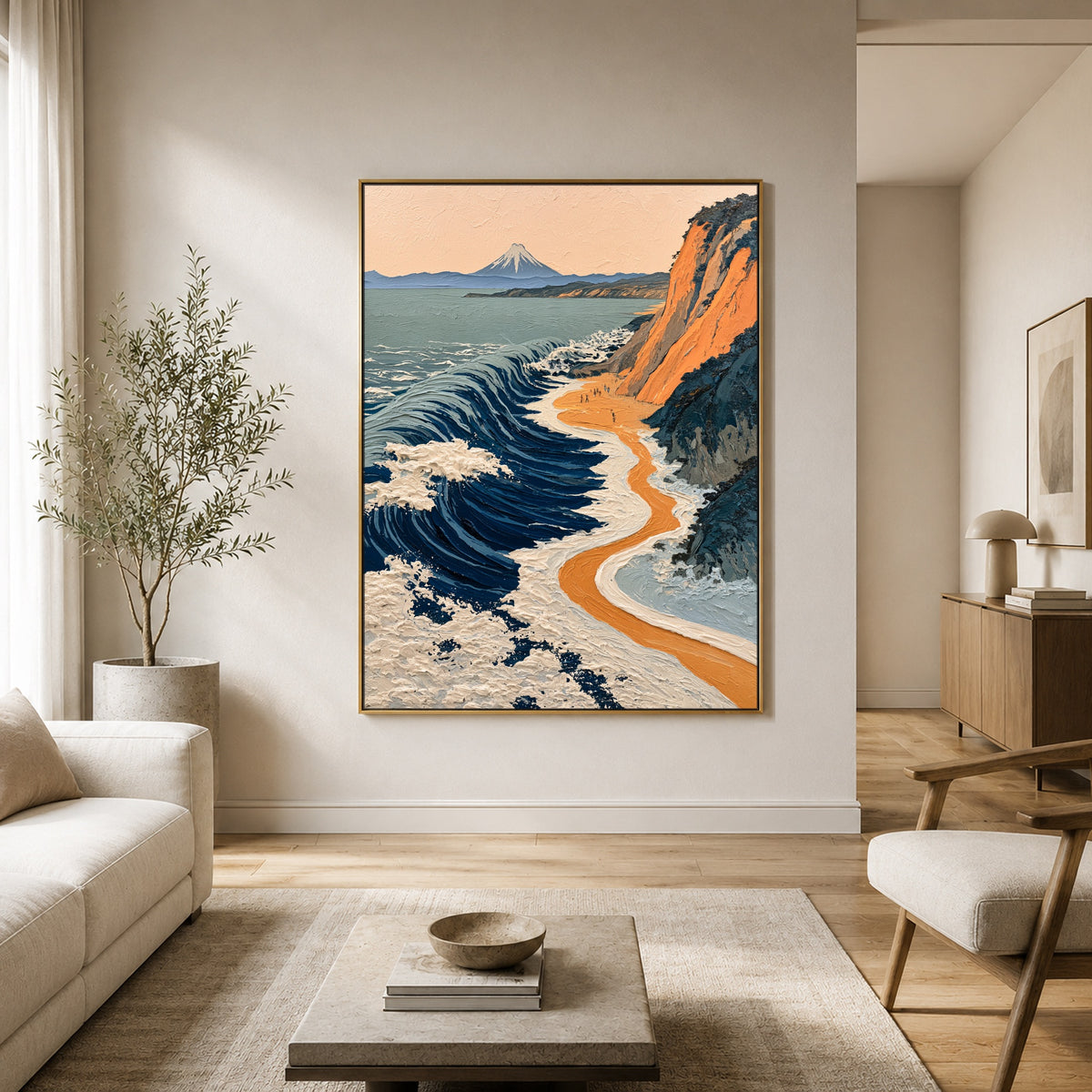 Saffron Cliffs Blue Tide - interior setting 5 - expressive contemporary art painting
