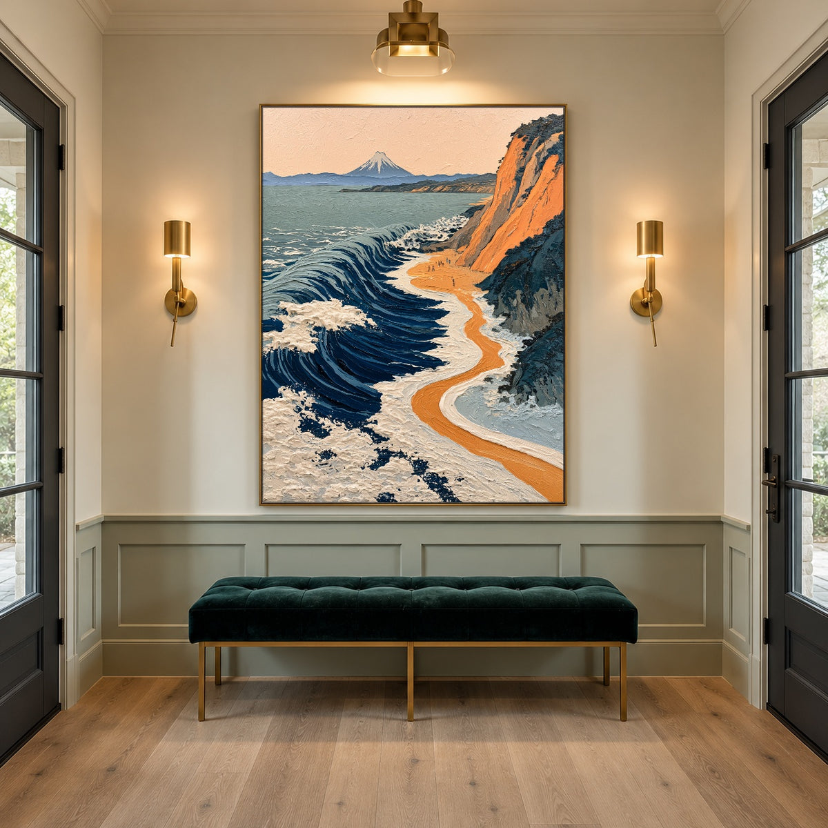 Saffron Cliffs Blue Tide - interior setting 7 - expressive contemporary art painting