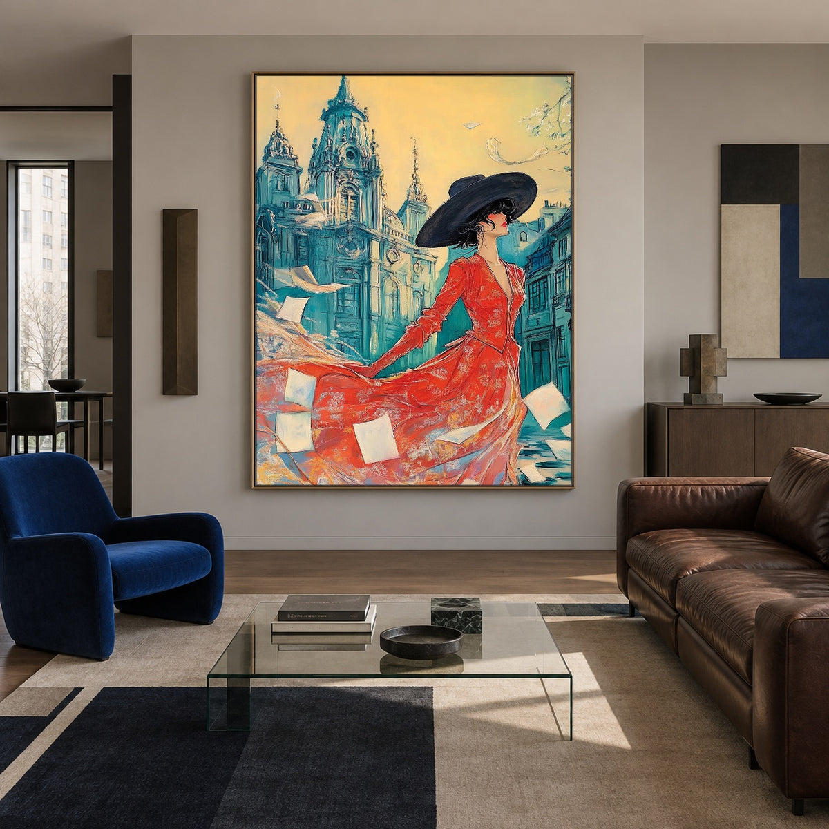 Scarlet Among Blue Spires - front-view living-room hero - expressive contemporary art painting