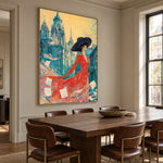 Scarlet Among Blue Spires - oblique view - expressive contemporary art painting