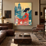 Scarlet Among Blue Spires - interior setting 4 - expressive contemporary art painting