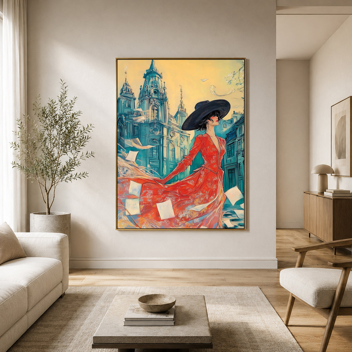 Scarlet Among Blue Spires - interior setting 5 - expressive contemporary art painting