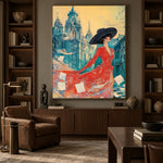 Scarlet Among Blue Spires - interior setting 6 - expressive contemporary art painting