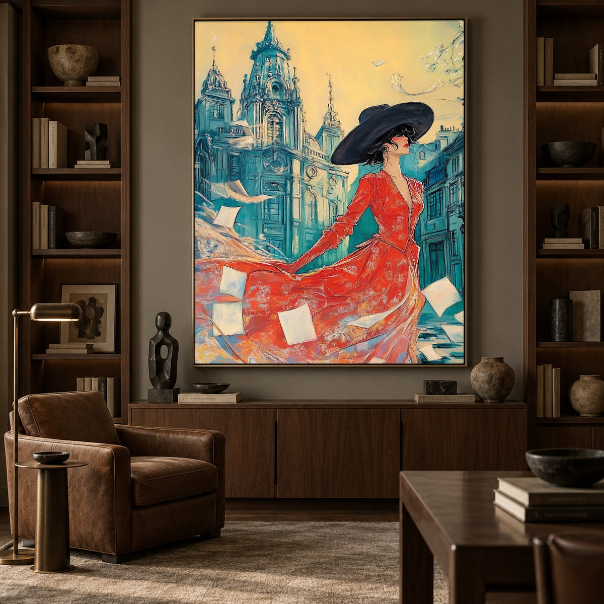 Scarlet Among Blue Spires - interior setting 6 - expressive contemporary art painting