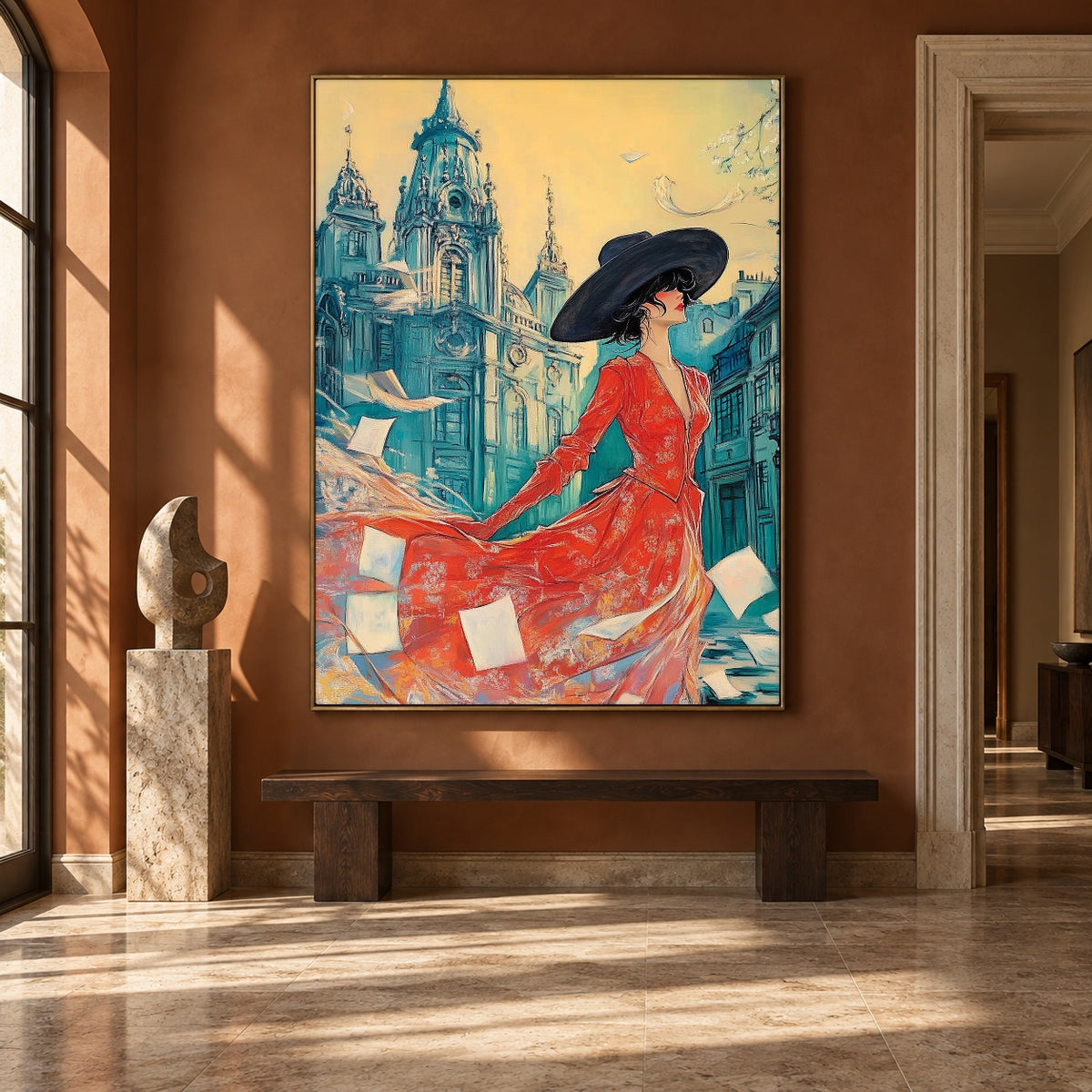 Scarlet Among Blue Spires - interior setting 7 - expressive contemporary art painting