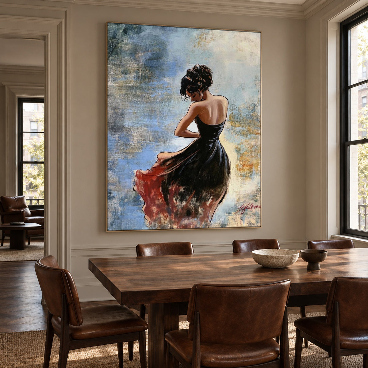 Scarlet Hem in Motion - oblique view - expressive contemporary art painting