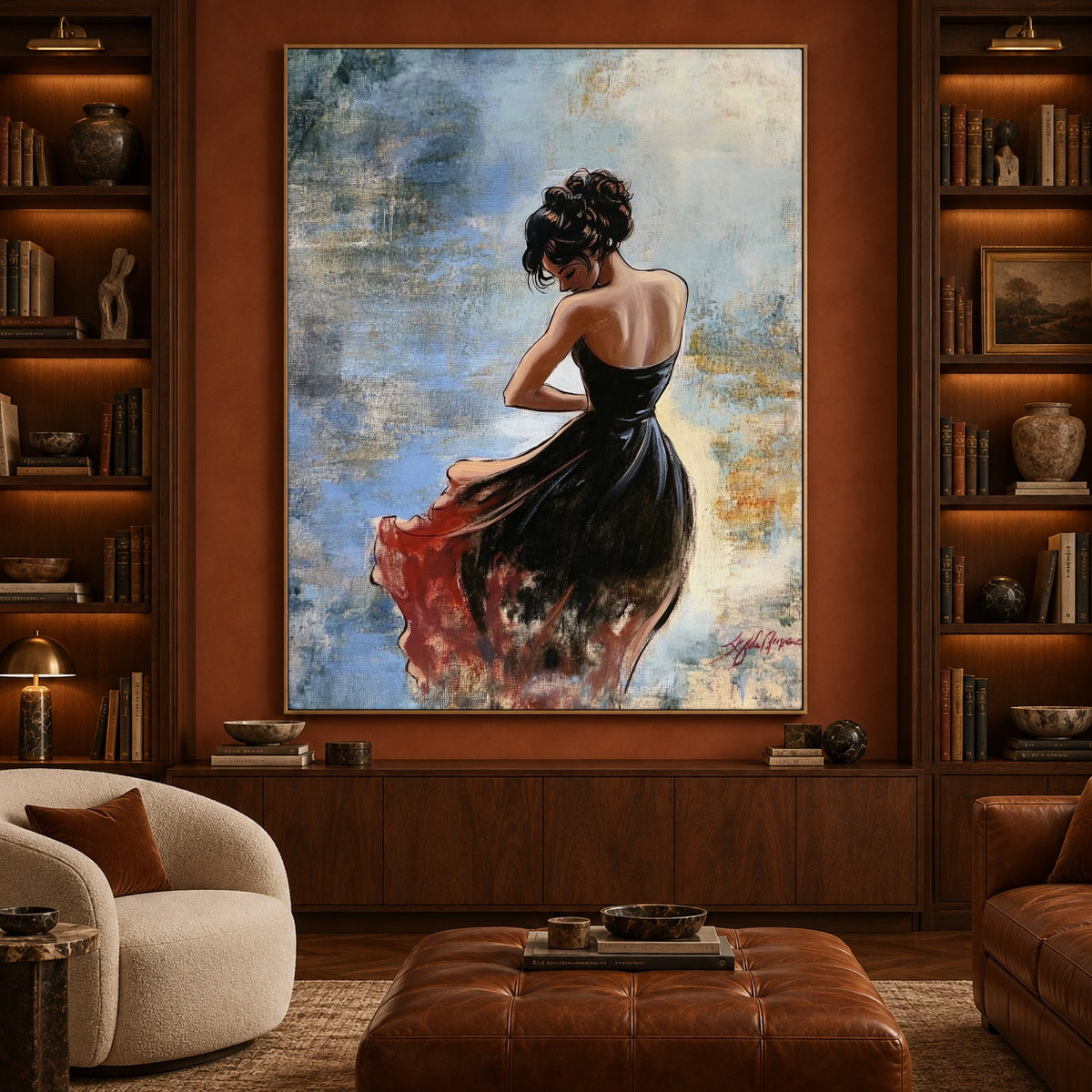 Scarlet Hem in Motion - interior setting 3 - expressive contemporary art painting
