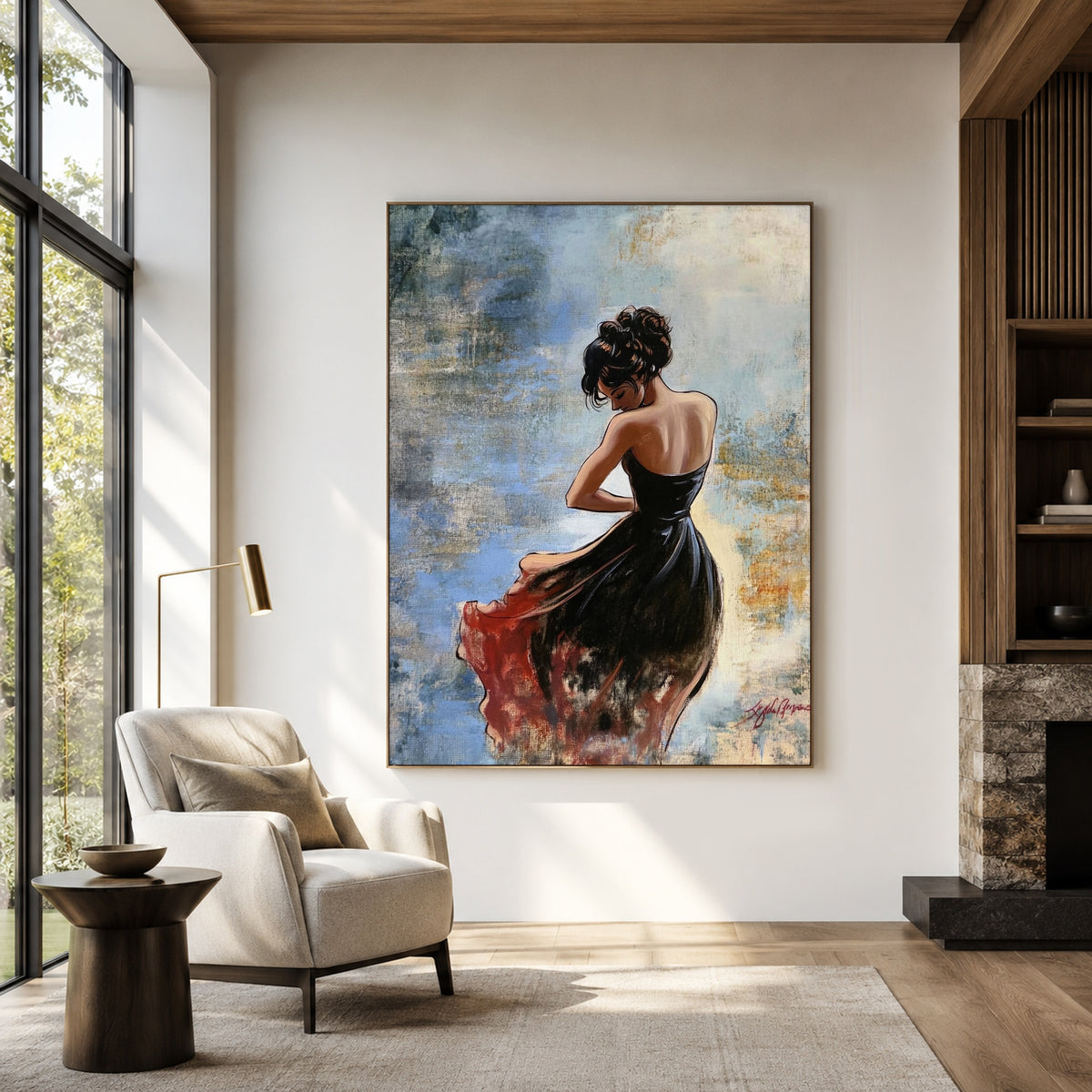 Scarlet Hem in Motion - interior setting 5 - expressive contemporary art painting