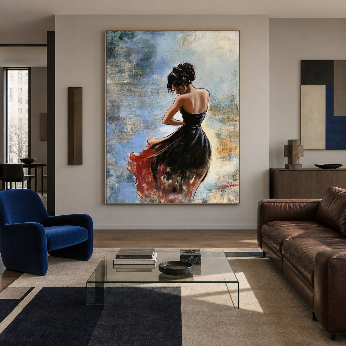 Scarlet Hem in Motion - interior setting 6 - expressive contemporary art painting