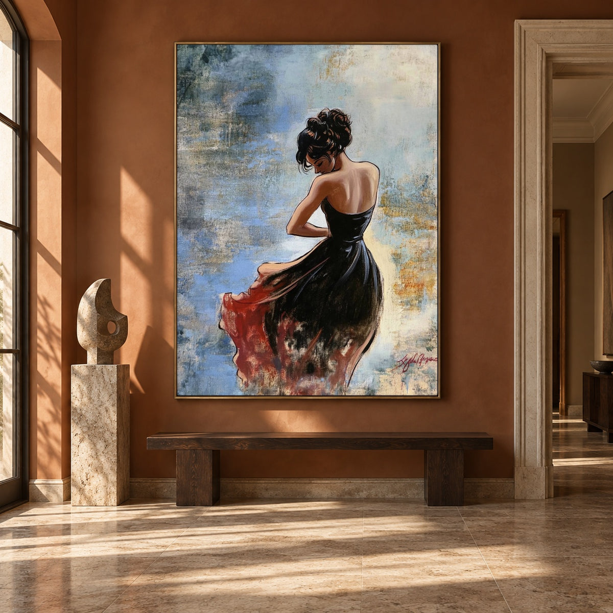 Scarlet Hem in Motion - interior setting 7 - expressive contemporary art painting