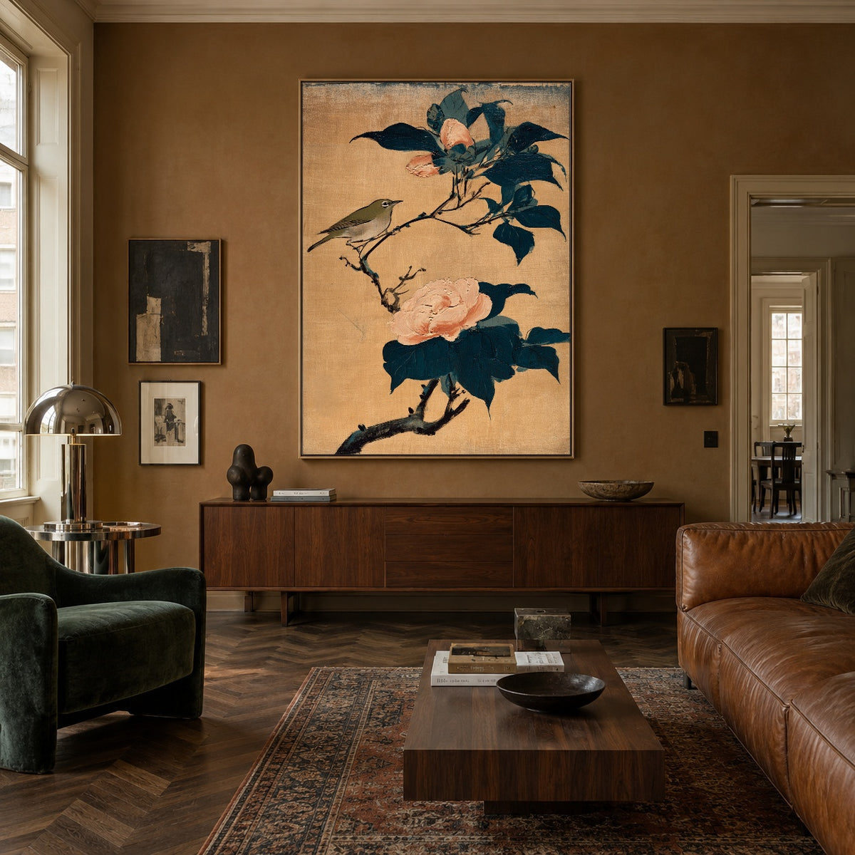 Small Song Camellia Branch - interior setting 5 - expressive contemporary art painting