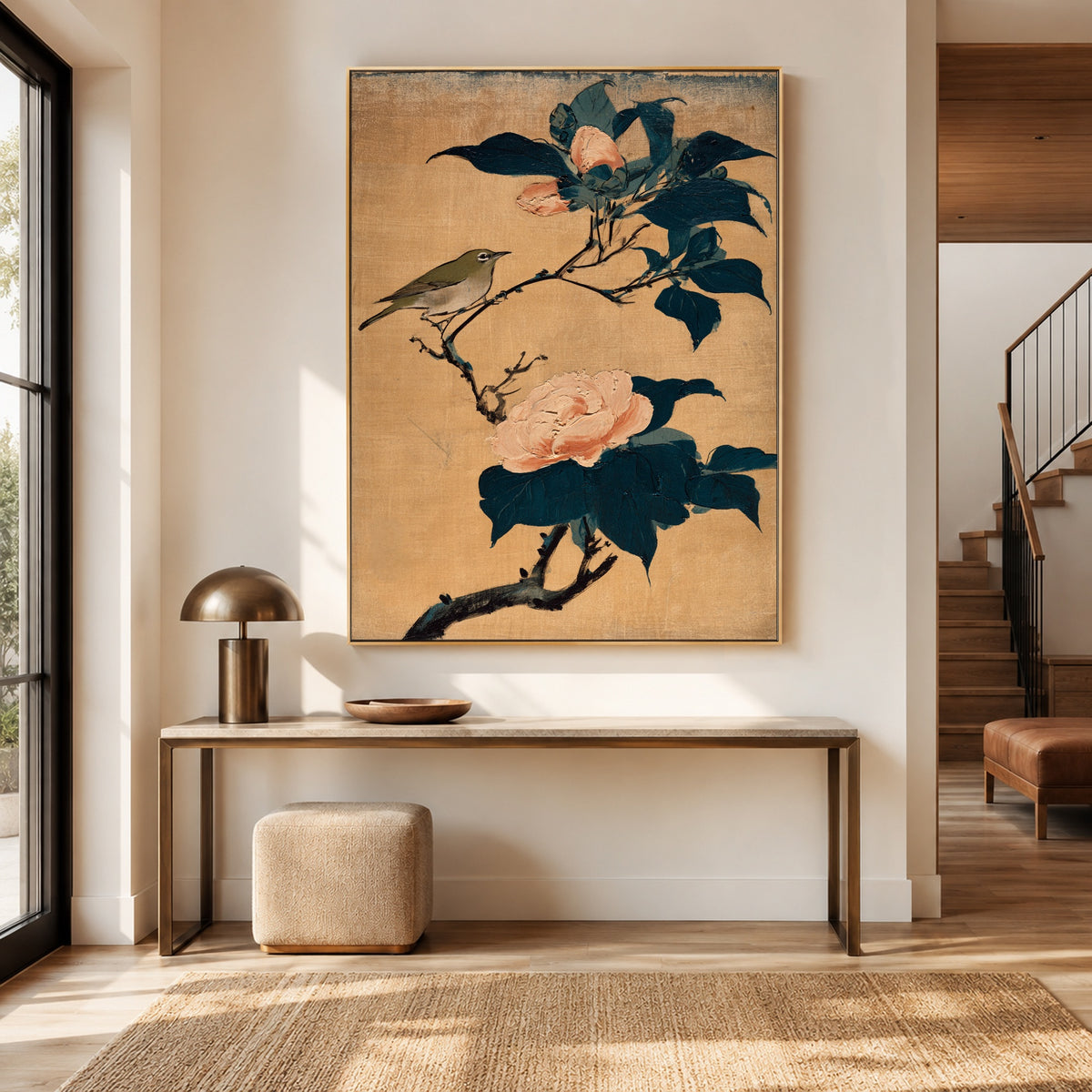 Small Song Camellia Branch - interior setting 6 - expressive contemporary art painting