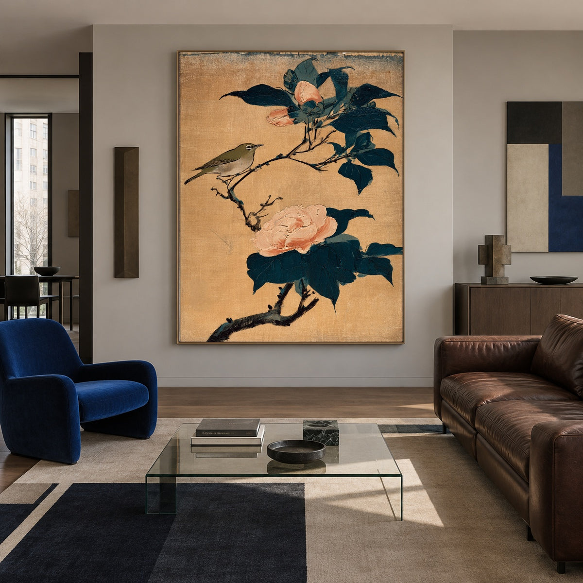 Small Song Camellia Branch - interior setting 7 - expressive contemporary art painting