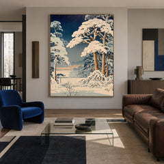 Snowfall Among Blue Pines - front-view living-room hero - expressive contemporary art painting