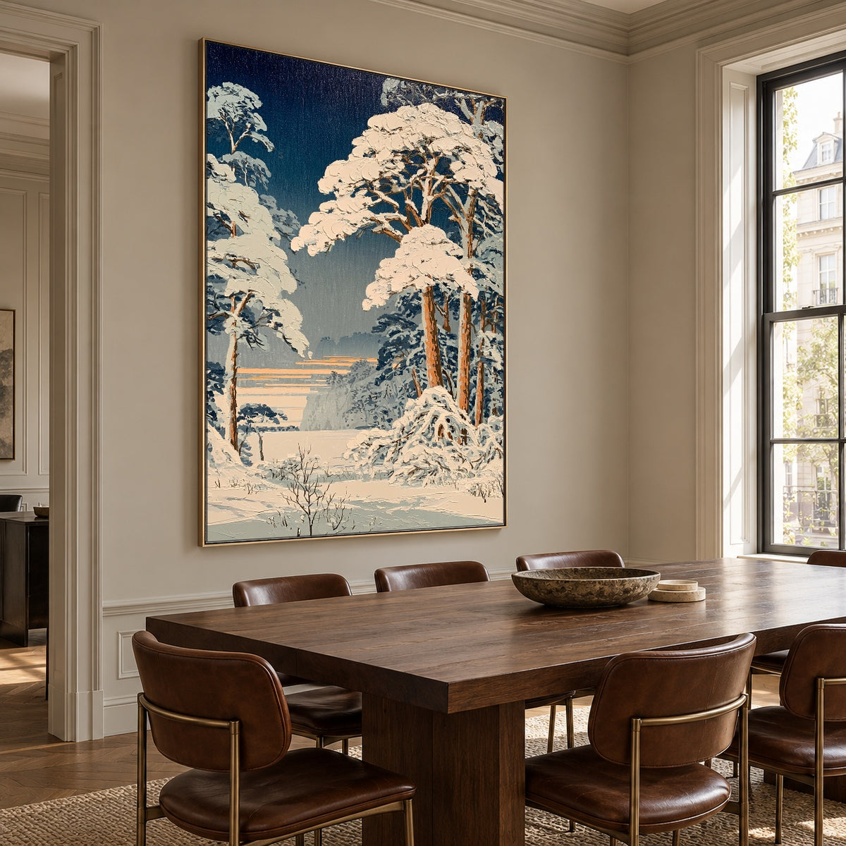 Snowfall Among Blue Pines - oblique view - expressive contemporary art painting