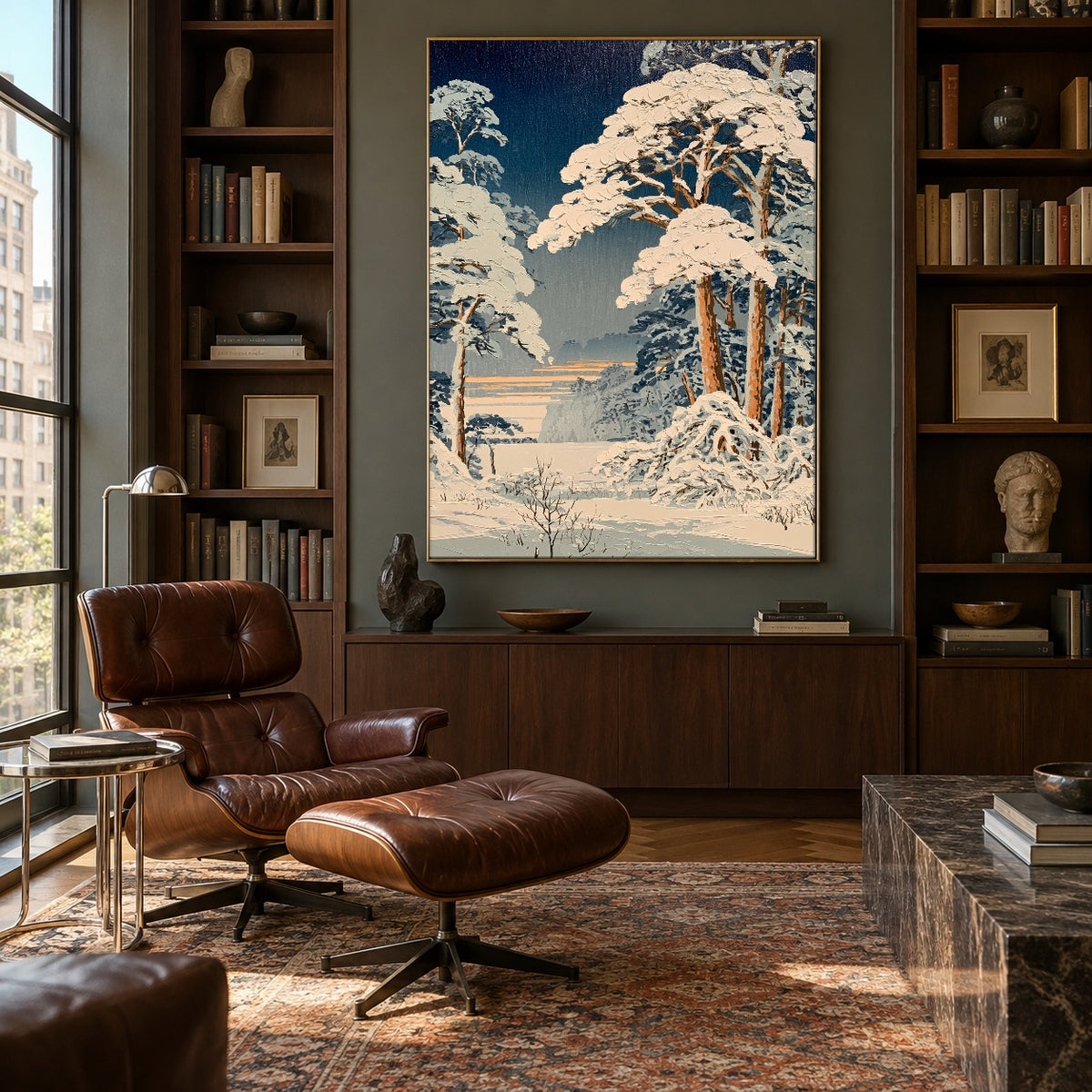 Snowfall Among Blue Pines - interior setting 3 - expressive contemporary art painting