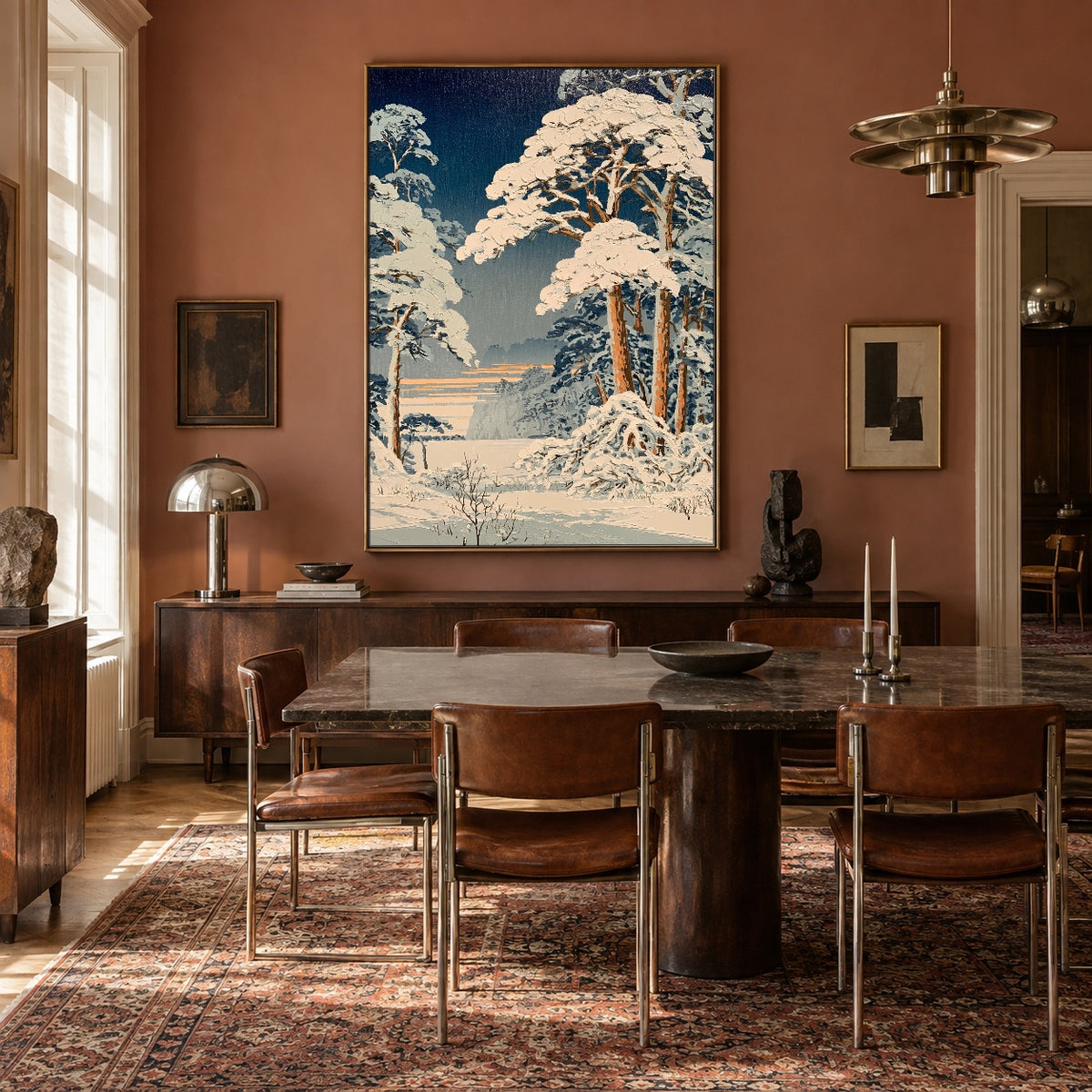 Snowfall Among Blue Pines - interior setting 4 - expressive contemporary art painting