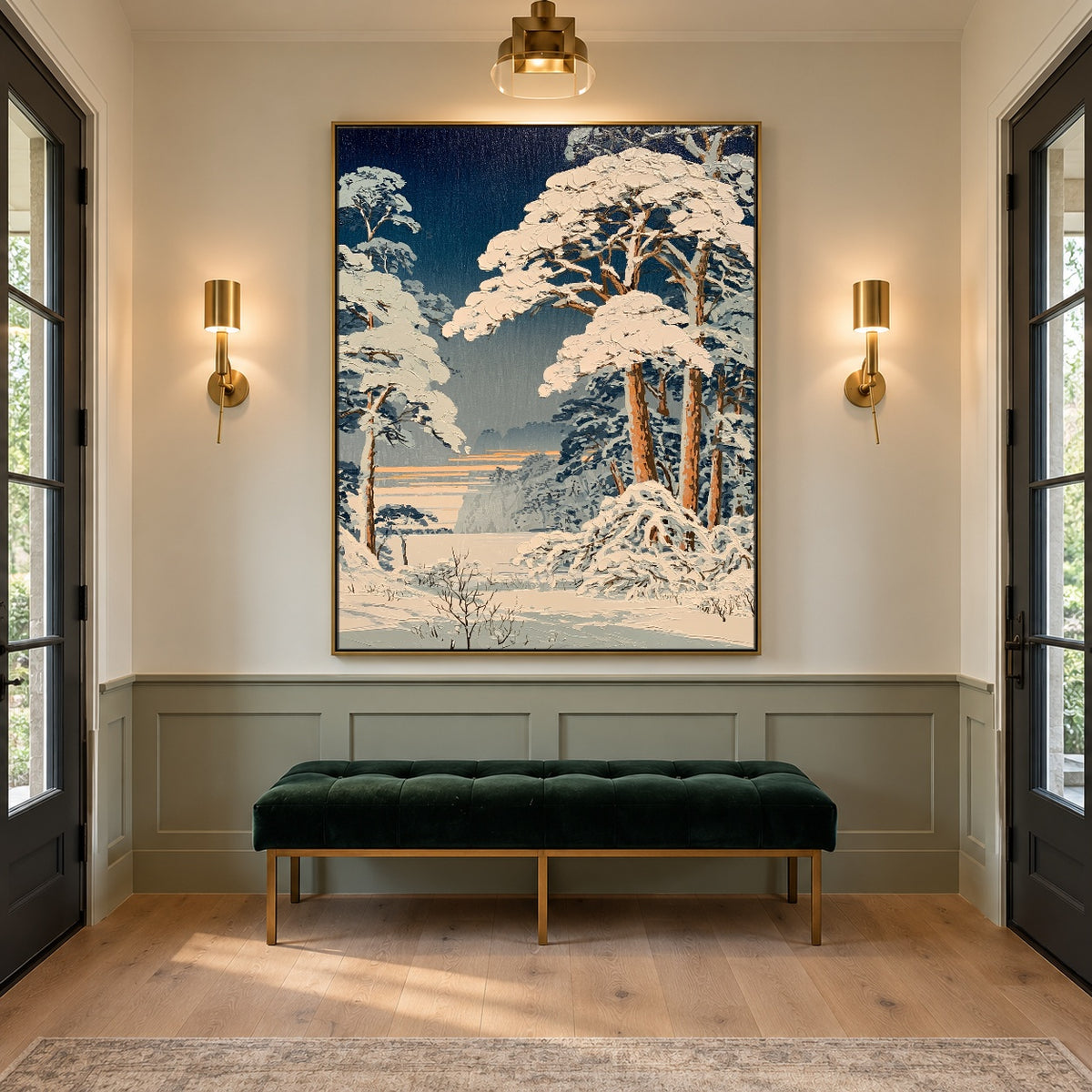 Snowfall Among Blue Pines - interior setting 5 - expressive contemporary art painting