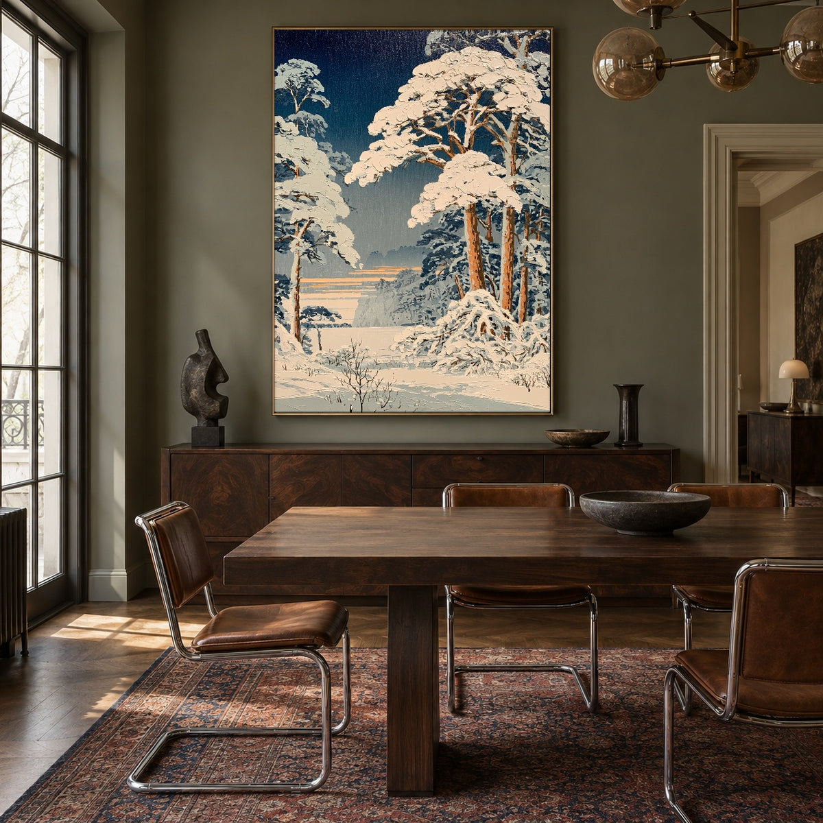 Snowfall Among Blue Pines - interior setting 6 - expressive contemporary art painting