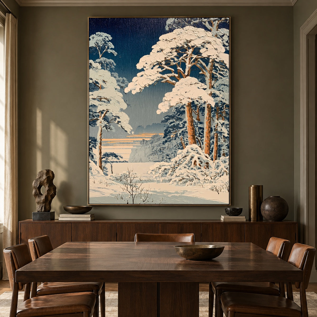 Snowfall Among Blue Pines - interior setting 7 - expressive contemporary art painting