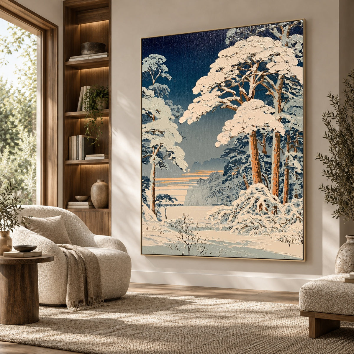 Snowfall Among Blue Pines - interior setting 8 - expressive contemporary art painting