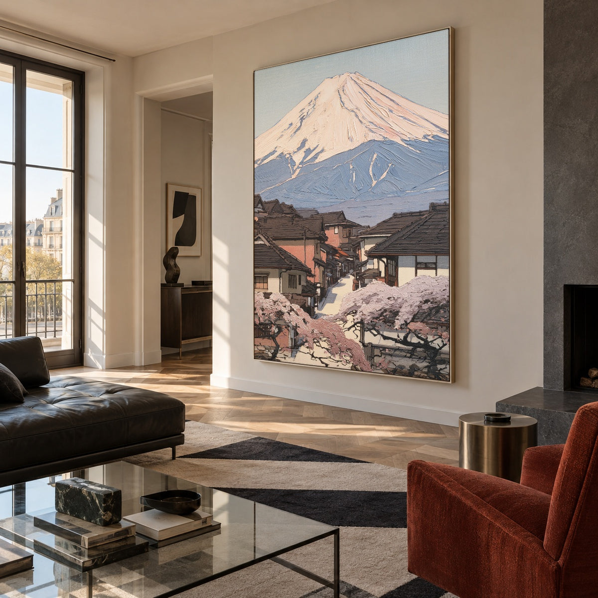 Spring Village Below Fuji - oblique view - expressive contemporary art painting