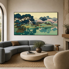 Stillwater Blossom Shore - front-view living-room hero - expressive contemporary art painting