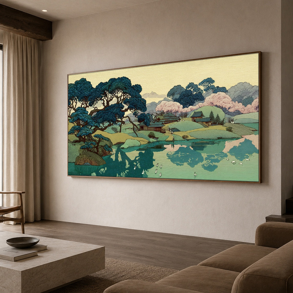 Stillwater Blossom Shore - oblique view - expressive contemporary art painting
