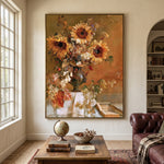 Sunflowers After Summer displayed beside a window in a traditional living room