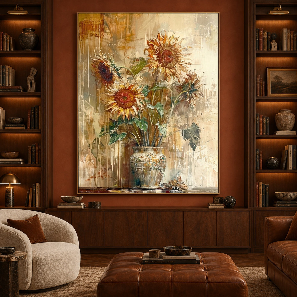 Sunflowers Keep the Light - front-view living-room hero - expressive contemporary art painting