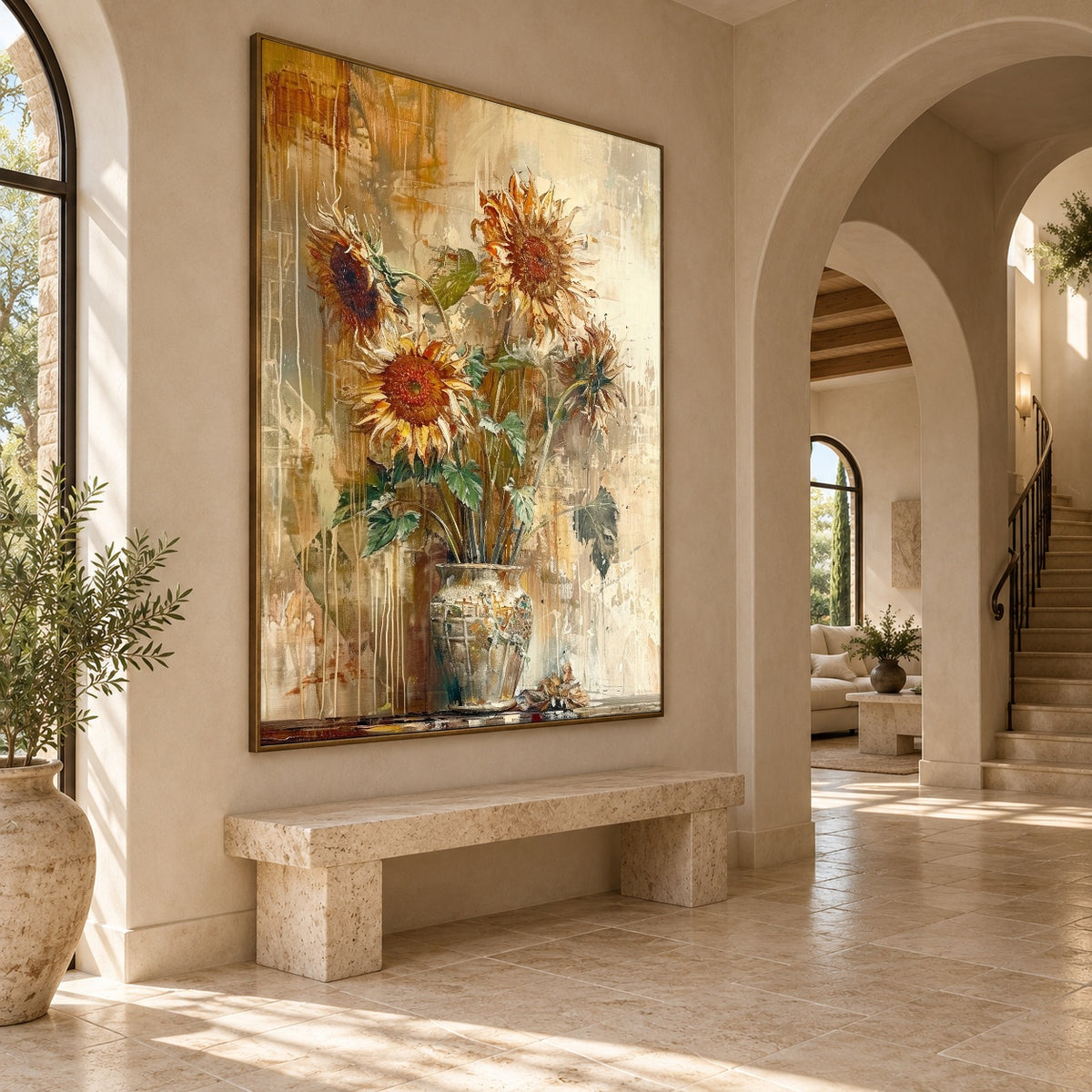 Sunflowers Keep the Light - oblique view - expressive contemporary art painting