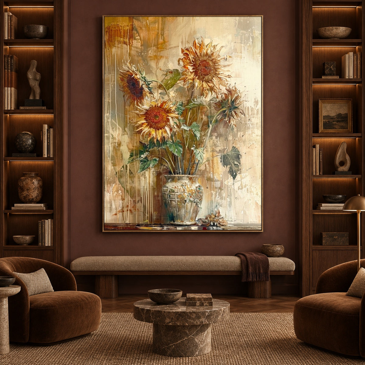Sunflowers Keep the Light - interior setting 3 - expressive contemporary art painting
